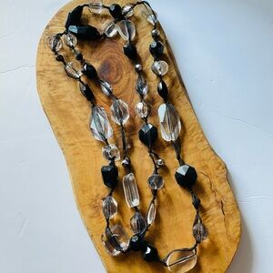 Black and clear lucite beads on a black ribbon necklace X-Long single or double